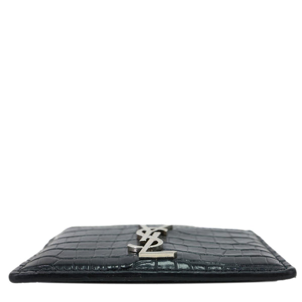 YVES SAINT LAURENT Monogram Calfskin Crocodile Embossed Leather Card Holder Black