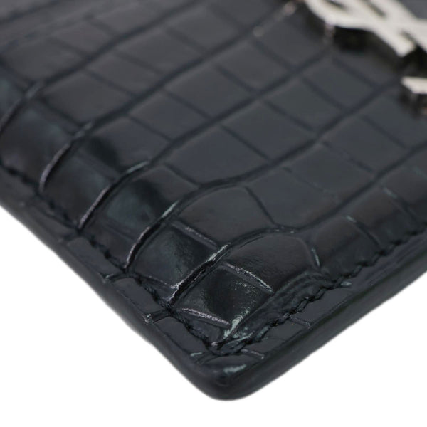 YVES SAINT LAURENT Monogram Calfskin Crocodile Embossed Leather Card Holder Black