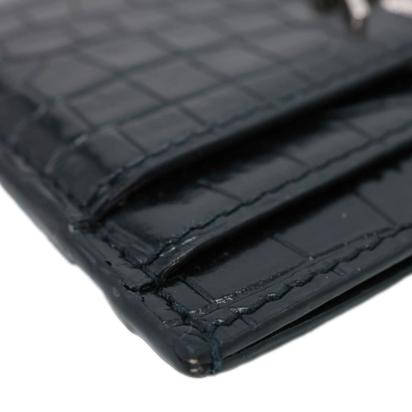 YVES SAINT LAURENT Monogram Calfskin Crocodile Embossed Leather Card Holder Black