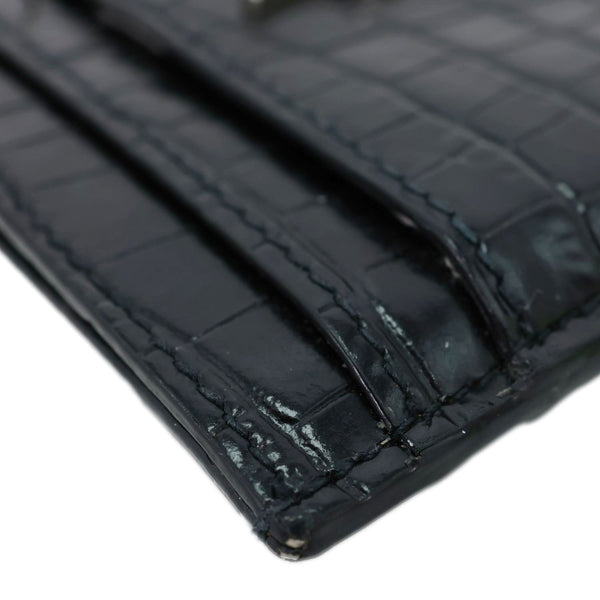 YVES SAINT LAURENT Monogram Calfskin Crocodile Embossed Leather Card Holder Black