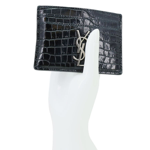 YVES SAINT LAURENT Monogram Calfskin Crocodile Embossed Leather Card Holder Black