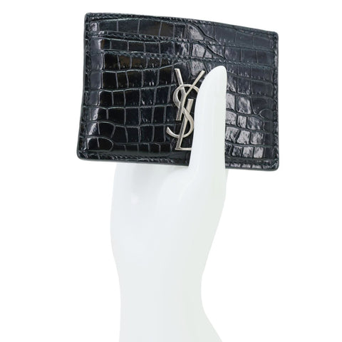 YVES SAINT LAURENT Monogram Calfskin Crocodile Embossed Leather Card Holder Black