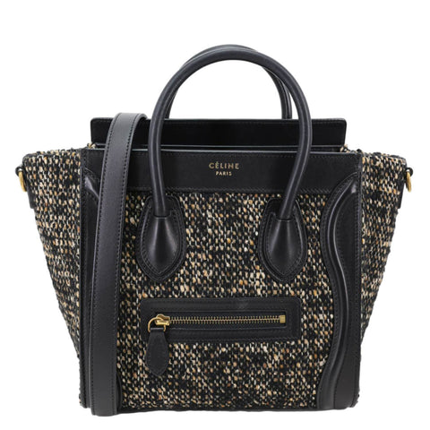 CELINE Nano Luggage Tweed Leather Tote Crossbody Bag Black