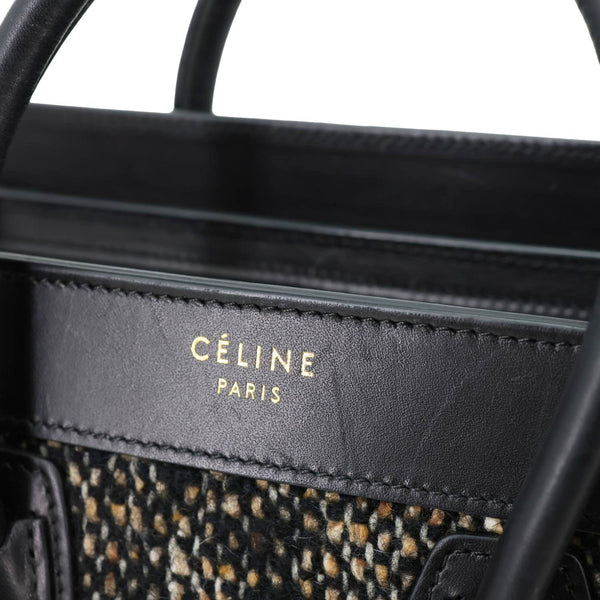 CELINE Nano Luggage Tweed Leather Tote Crossbody Bag Black