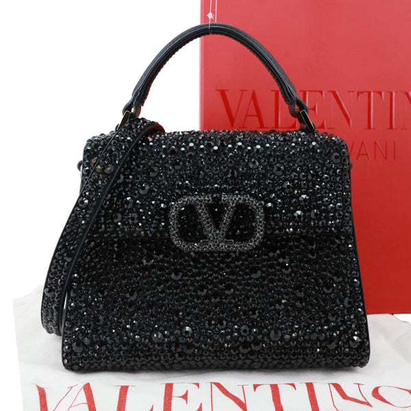 VALENTINO Garavani VSling Crystal Embellished Leather Top Handle Bag Black