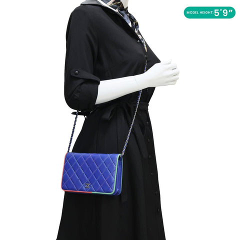 CHANEL Quilted Leather Wallet On Chain Blue
