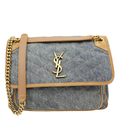 YVES SAINT LAURENT Signature Niki Medium Denim Chain Crossbody Bag Blue
