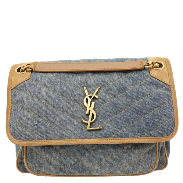 YVES SAINT LAURENT Signature Niki Medium Denim Chain Crossbody Bag Blue