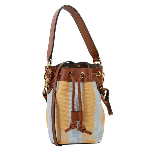 FENDI Mon Tresor Mini Raffia Canvas Bucket Bag Brown
