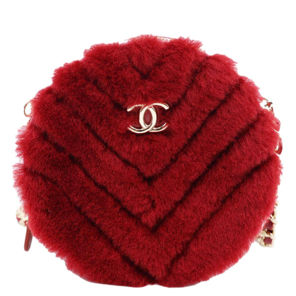 CHANEL Round Chevron Shearling Clutch With Chain Crossbody Bag Burgundy