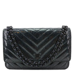 CHANEL CC WOC Crumpled Chevron Calfskin Metallic Leather Wallet On Chain Black