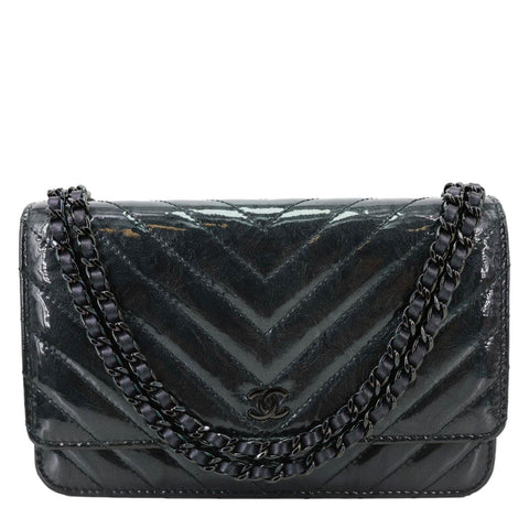 CHANEL CC WOC Crumpled Chevron Calfskin Metallic Leather Wallet On Chain Black
