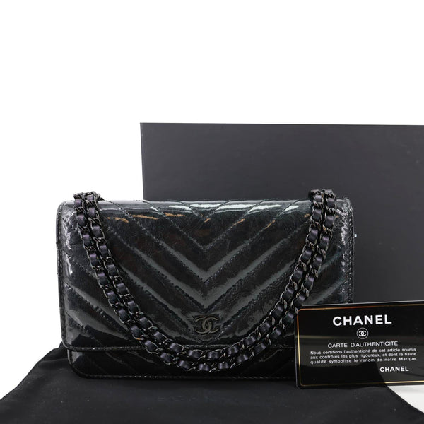 CHANEL CC WOC Crumpled Chevron Calfskin Metallic Leather Wallet On Chain Black