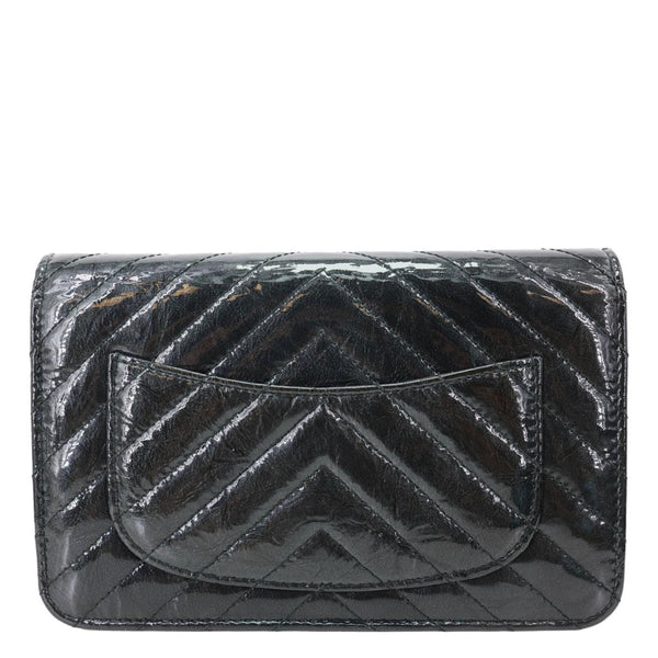 CHANEL CC WOC Crumpled Chevron Calfskin Metallic Leather Wallet On Chain Black