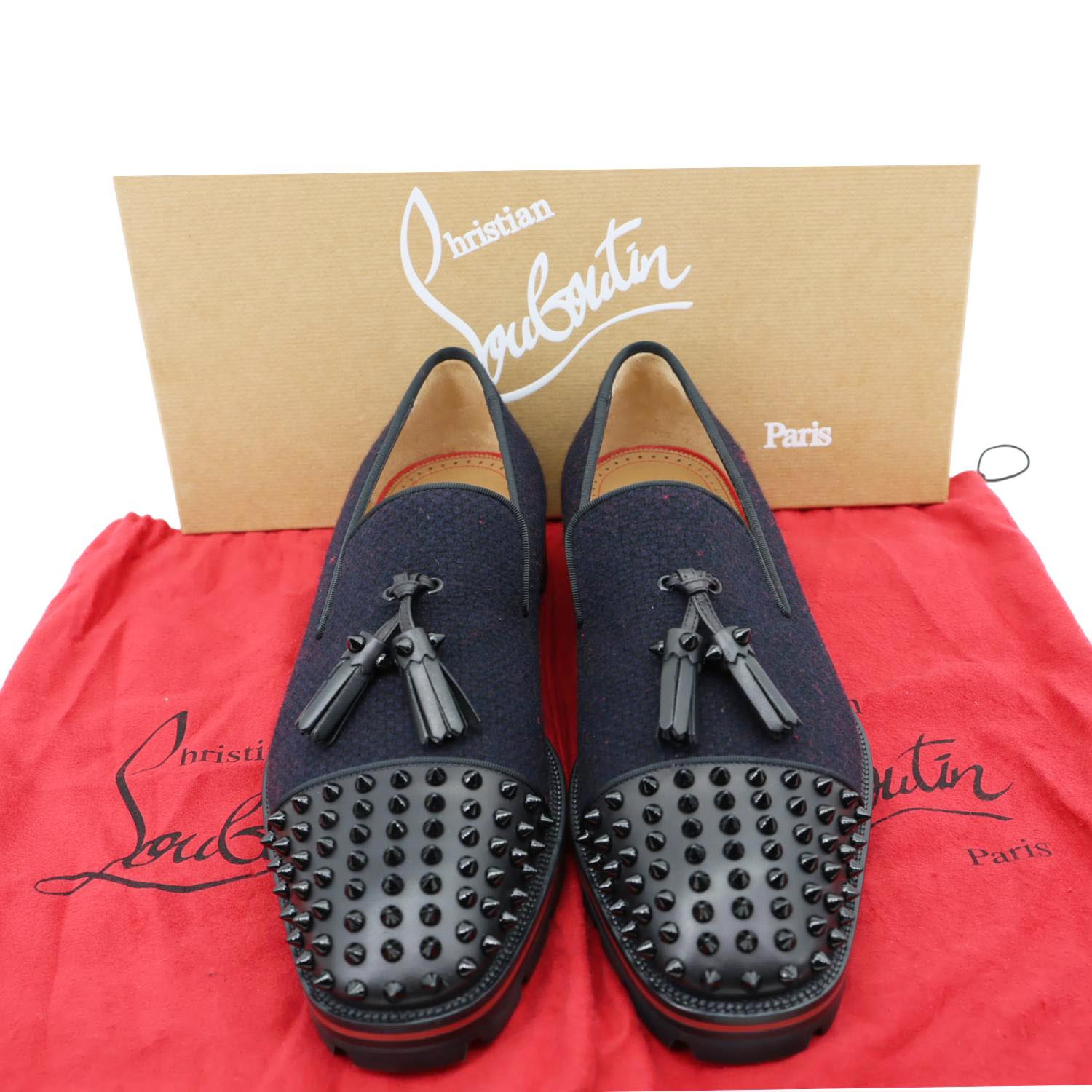 CHRISTIAN LOUBOUTIN Rossini Spike Tassel Tweed Loafer Navy Blue CHRISTIAN LOUBOUTIN Rossini Spike Tassel Tweed Loafer Navy Blue