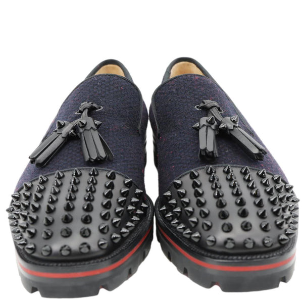 CHRISTIAN LOUBOUTIN Rossini Spike Tassel Tweed Loafer Navy Blue