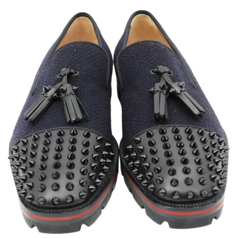CHRISTIAN LOUBOUTIN Rossini Spike Tassel Tweed Loafer Navy Blue