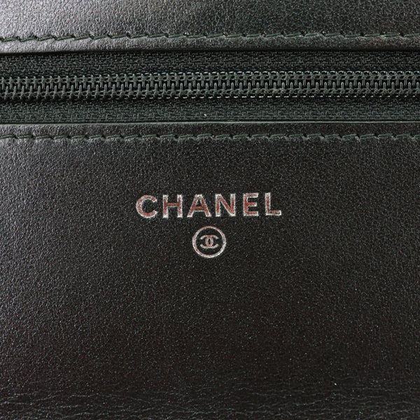 CHANEL CC WOC Crumpled Chevron Calfskin Metallic Leather Wallet On Chain Black