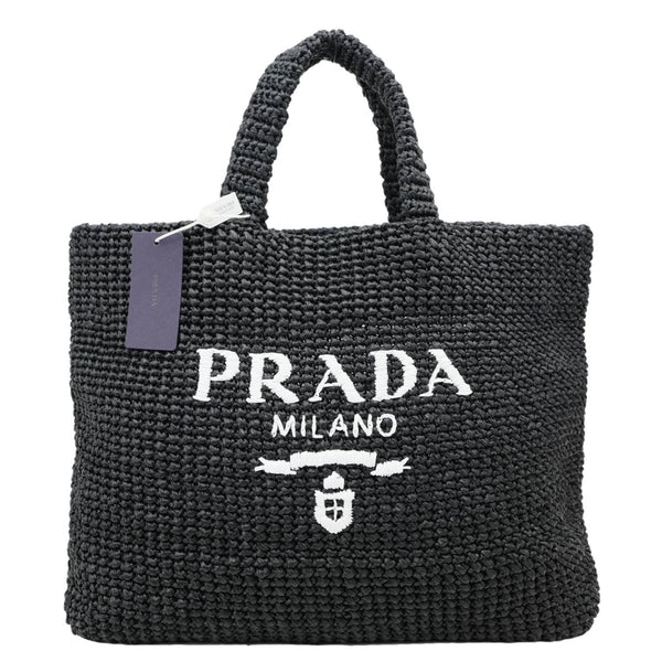 PRADA Embroidered Logo Yarn Crochet Tote Bag Black