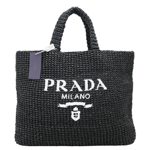 PRADA Embroidered Logo Yarn Crochet Tote Bag Black