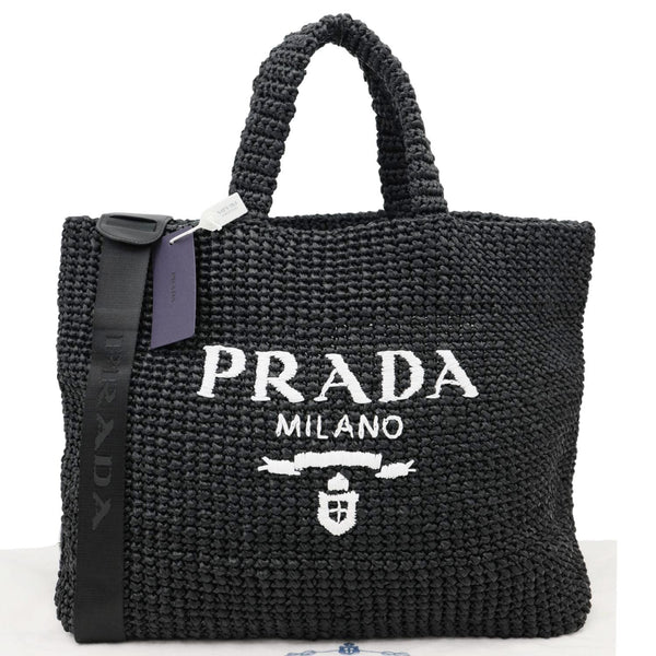 PRADA Embroidered Logo Yarn Crochet Tote Bag Black