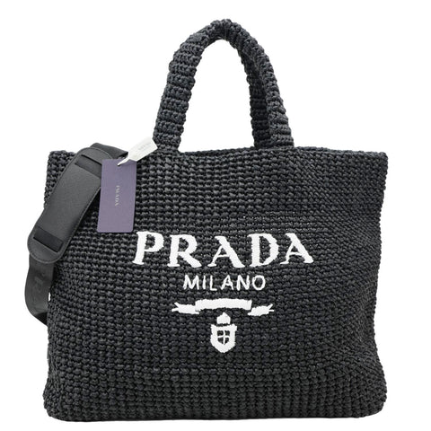 PRADA Embroidered Logo Yarn Crochet Tote Bag Black