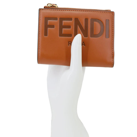 FENDI Roma Calfskin Embossed Leather Wallet Brown