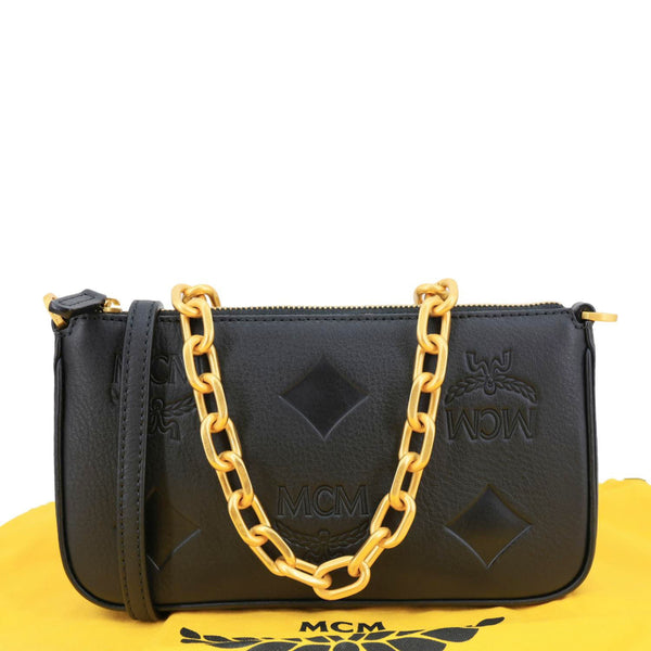 MCM Aren Embossed Maxi Monogram Leather Chain Crossbody Bag Black