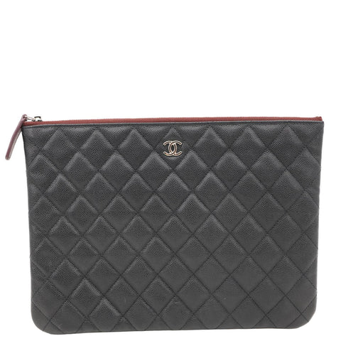 CHANEL O Case Quilted Caviar Leather Clutch Black