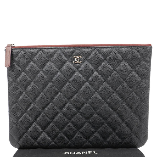 CHANEL O Case Quilted Caviar Leather Clutch Black