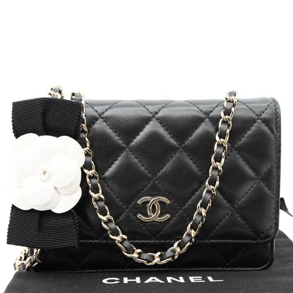 CHANEL Camellia Bow Mini Quilted Leather WOC Crossbody Bag Black