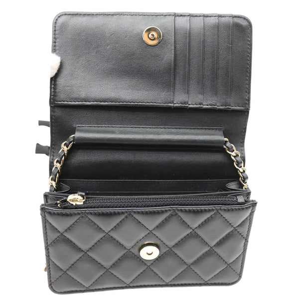CHANEL Camellia Bow Mini Quilted Leather WOC Crossbody Bag Black