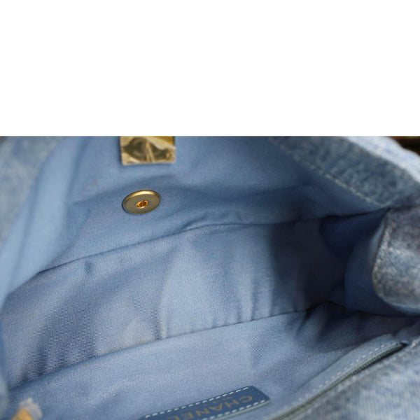 CHANEL Mood Flap Small Quilted Denim Logo Printed Shoulder Bag Blue