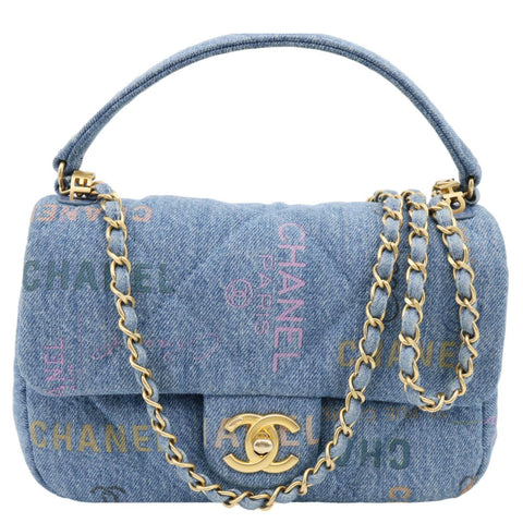 CHANEL Mood Flap Small Quilted Denim Logo Printed Shoulder Bag Blue