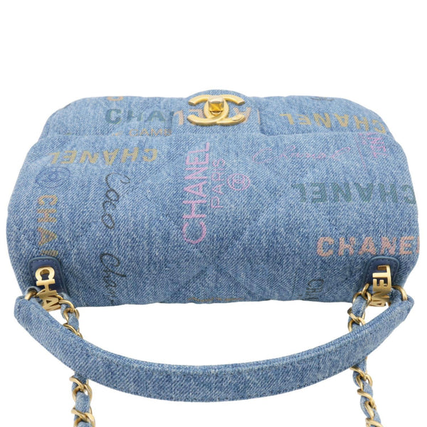 CHANEL Mood Flap Small Quilted Denim Logo Printed Shoulder Bag Blue