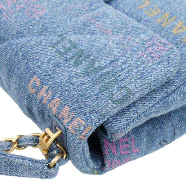 CHANEL Mood Flap Small Quilted Denim Logo Printed Shoulder Bag Blue