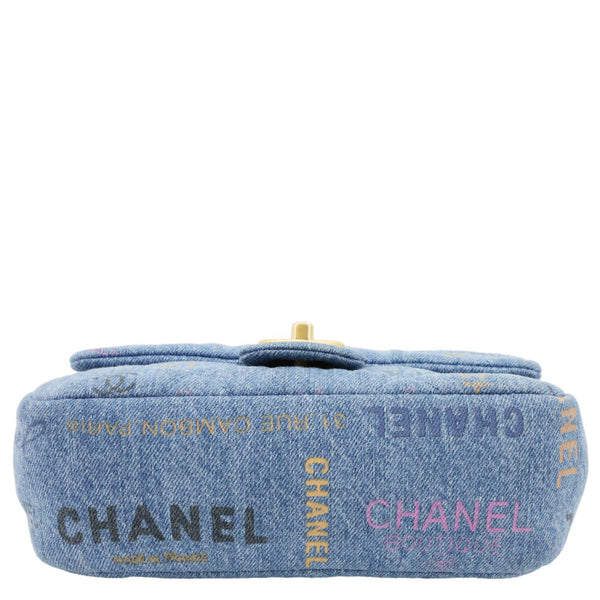 CHANEL Mood Flap Small Quilted Denim Logo Printed Shoulder Bag Blue