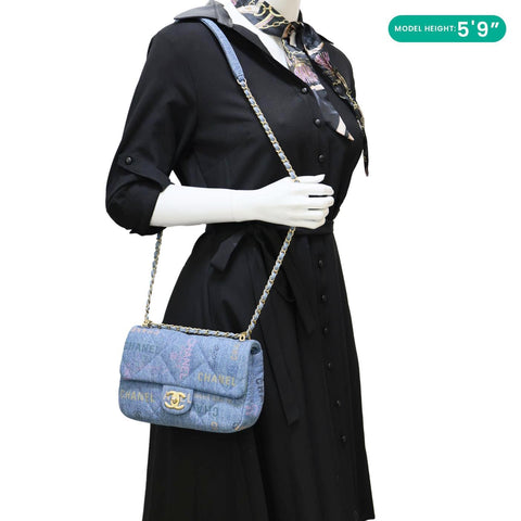 CHANEL Mood Flap Small Quilted Denim Logo Printed Shoulder Bag Blue