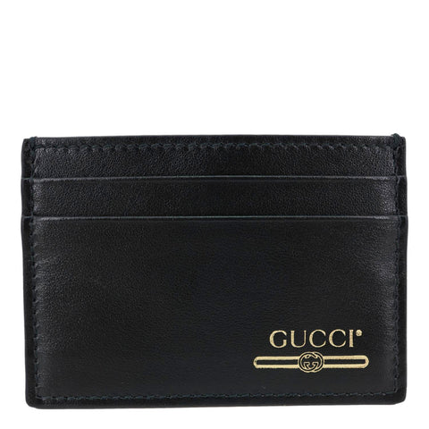 GUCCI Logo Print Leather Card Holder Black 547596
