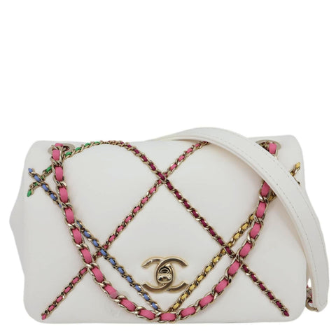CHANEL Entwined Flap Leather Chain Crossbody Bag White