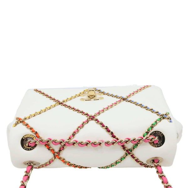 CHANEL Entwined Flap Leather Chain Crossbody Bag White