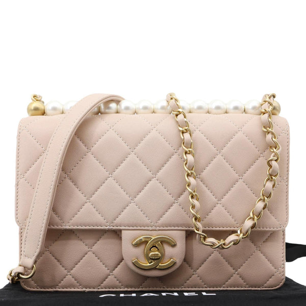 CHANEL Chic Pearls Flap Small Quilted Leather Shoulder Bag Beige