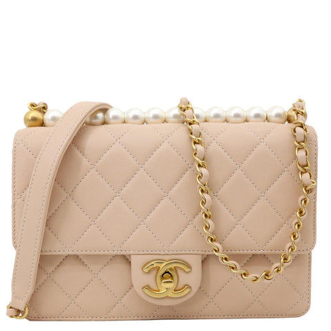 CHANEL Chic Pearls Flap Small Quilted Leather Shoulder Bag Beige