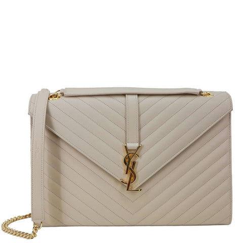 YVES SAINT LAURENT Envelope Large Chevron Grain De Poudre Chain Crossbody Bag Cream