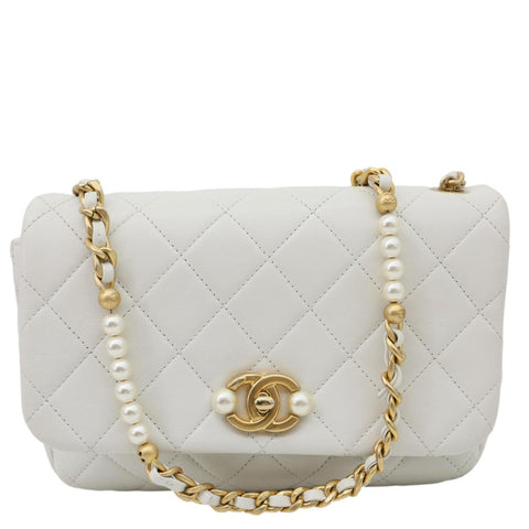 CHANEL Pearl Side Flap Quilted Leather Crossbody Bag White