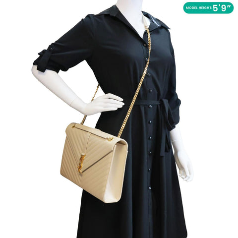 YVES SAINT LAURENT Envelope Large Chevron Grain De Poudre Chain Crossbody Bag Cream