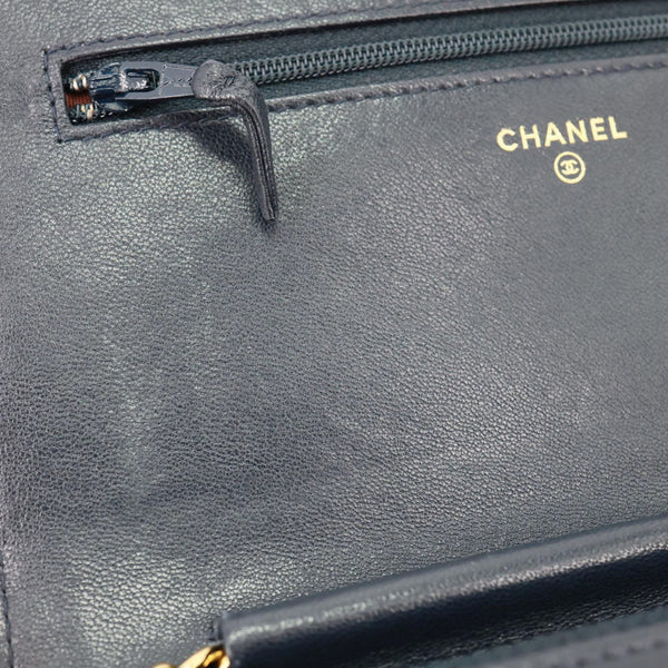 CHANEL Mademoiselle Vintage Flap Quilted Leather Wallet On Chain Navy Blue
