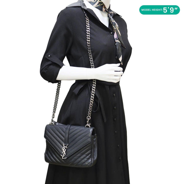 YVES SAINT LAURENT College Flap Medium Classic Chevron Leather Shoulder Bag Black