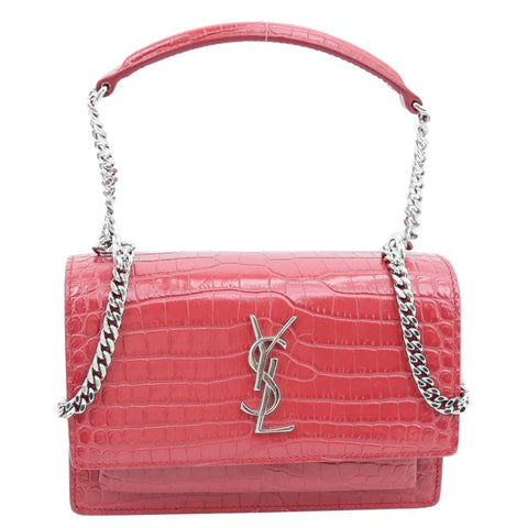 YVES SAINT LAURENT Monogram Sunset Crocodile Embossed Leather Crossbody Bag Red