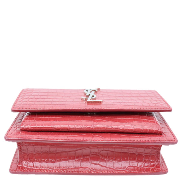 YVES SAINT LAURENT Monogram Sunset Crocodile Embossed Leather Crossbody Bag Red